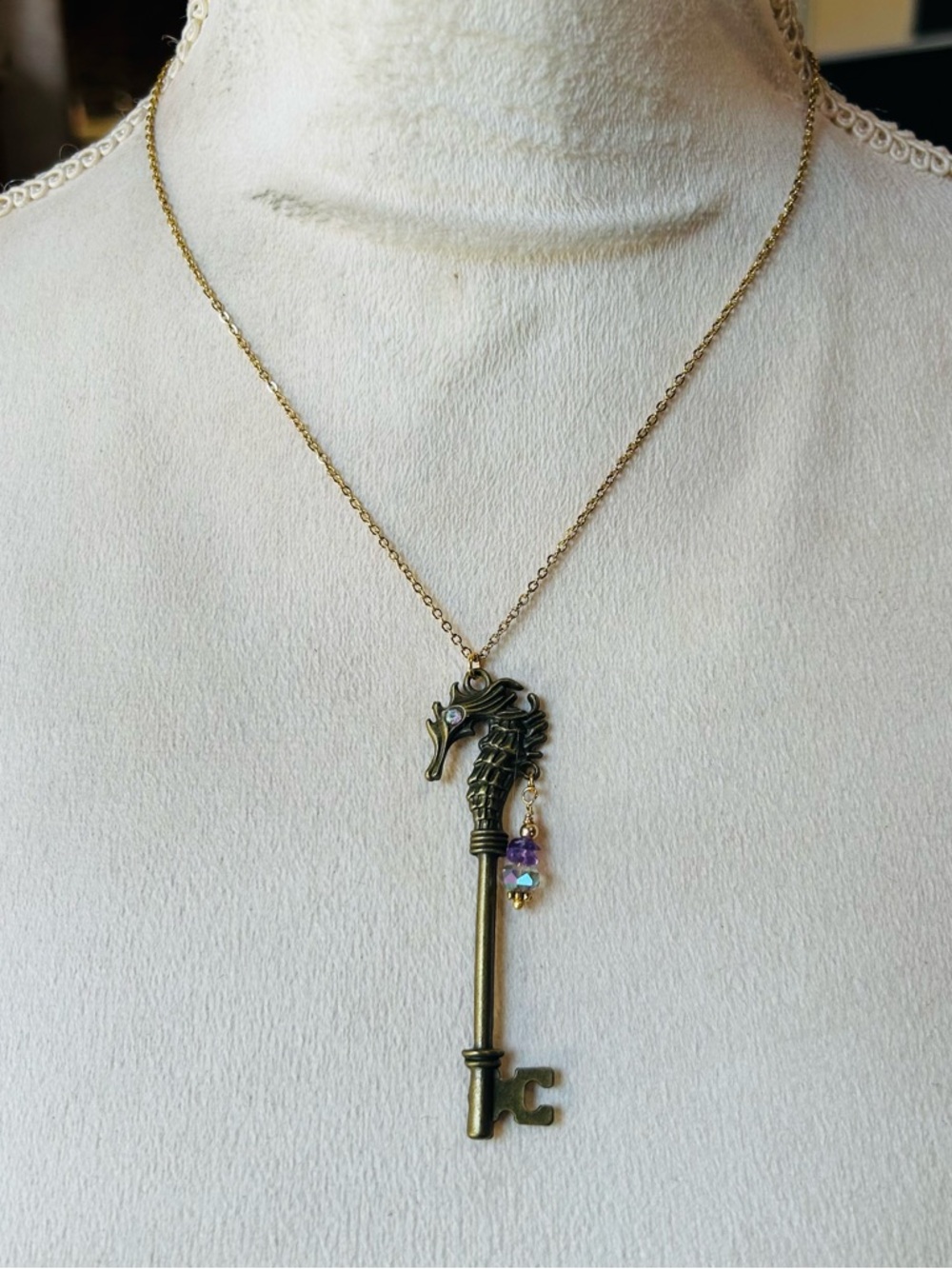 Brass Seahorse skeleton key pendant on chain necklace